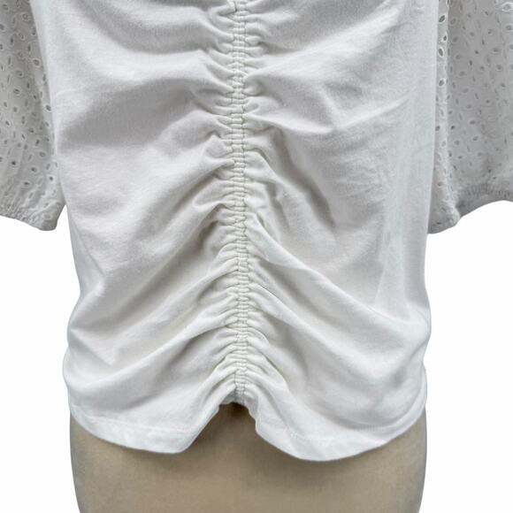 Gap NWT Sz L Crisp White Knit Eyelet Puff Sleeve Smocked Cropped Peasant Top - Picture 7 of 13
